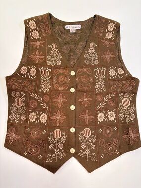 Karavan Embroidered Brown Wool Button Vest
